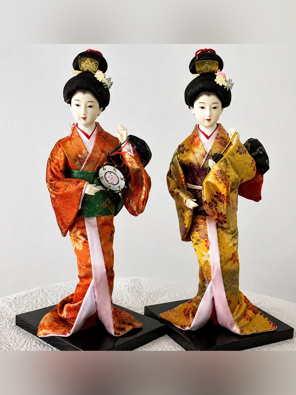 Japanese Geisha Dolls Pair Silk Kimono Figurines 11” Vintage Decor